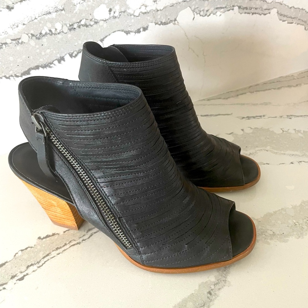 Paul Green Black Leather Peep-Toe Ankle Booties with Wood Block Heel